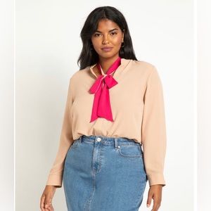 Camel and Fuchsia Bow Tie Blouse